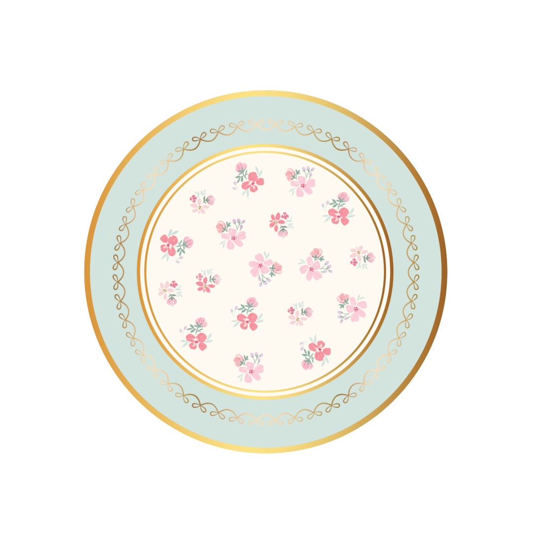 Fresh mint watercolor floral dessert plates with a mint green rim, gold scrollwork, and pink blossoms