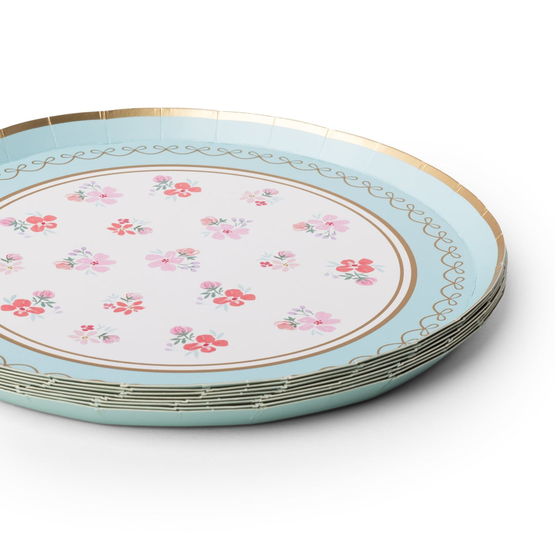 Stack of 8 minty blue floral paper plates showing the gold looped border and pink blooms, ready for a bridal shower table