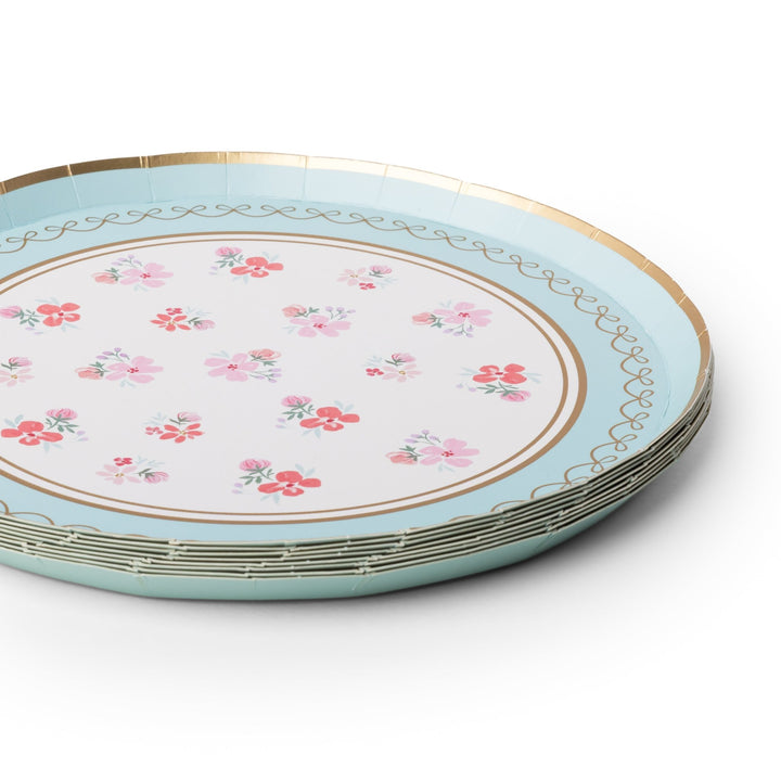 Stack of 8 minty blue floral paper plates showing the gold looped border and pink blooms, ready for a bridal shower table