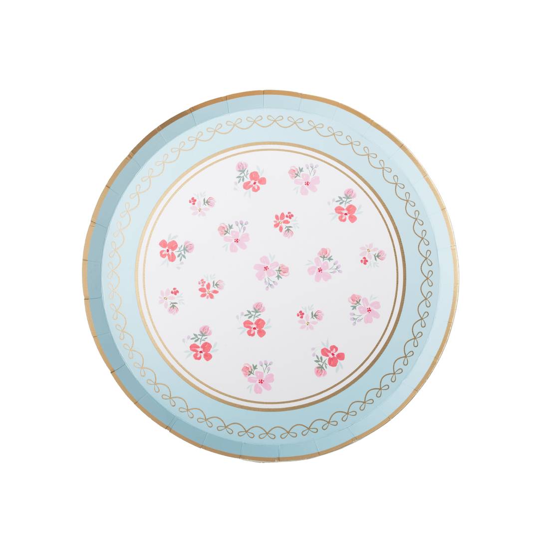 8 inch minty blue floral paper dessert plate with pink watercolor blooms and a gold scalloped edge, set for a tea party