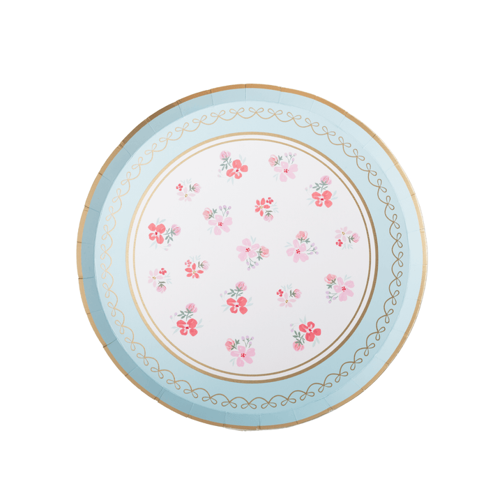 8 inch minty blue floral paper dessert plate with pink watercolor blooms and a gold scalloped edge, set for a tea party