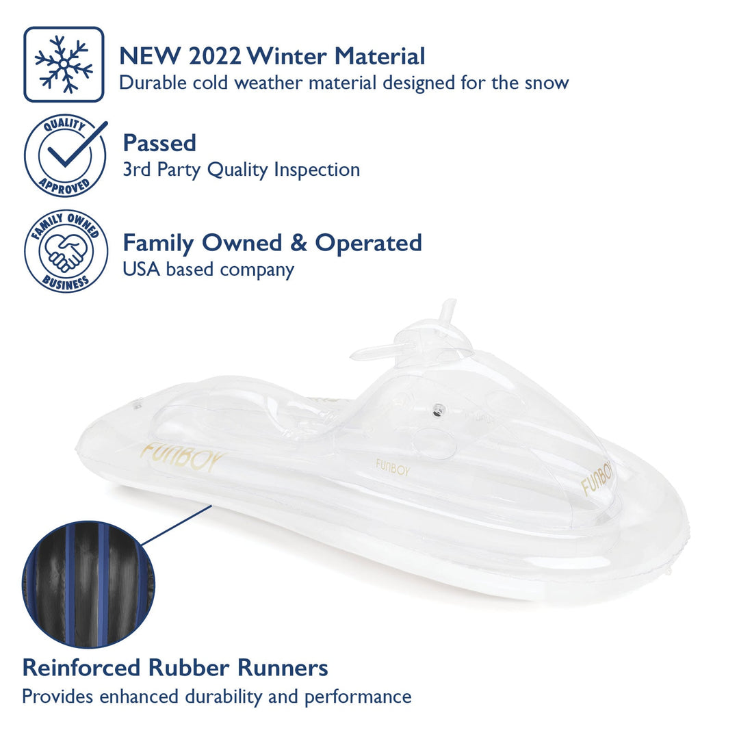 Clear inflatable snowmobile sled with callouts for winter material, inspection, and rubber runners
