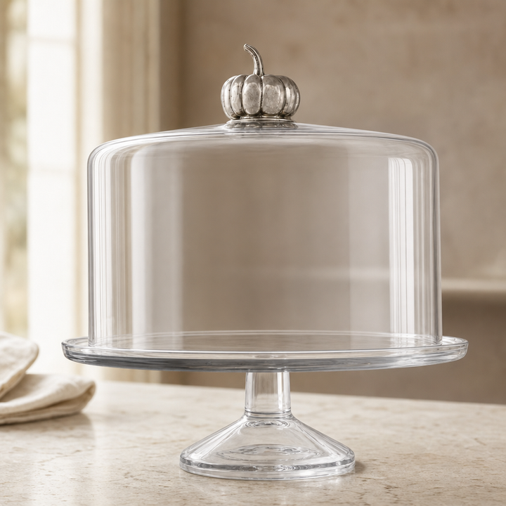 Pumpkin knob glass cake stand with the dome in place over a footed pedestal base