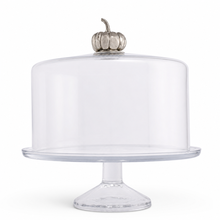 Glass covered cake stand with a footed base and a solid pewter pumpkin knob on the dome