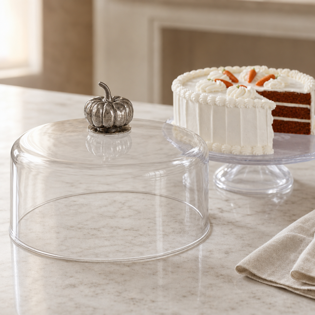 Detail of the solid pewter pumpkin knob on the glass cake dome