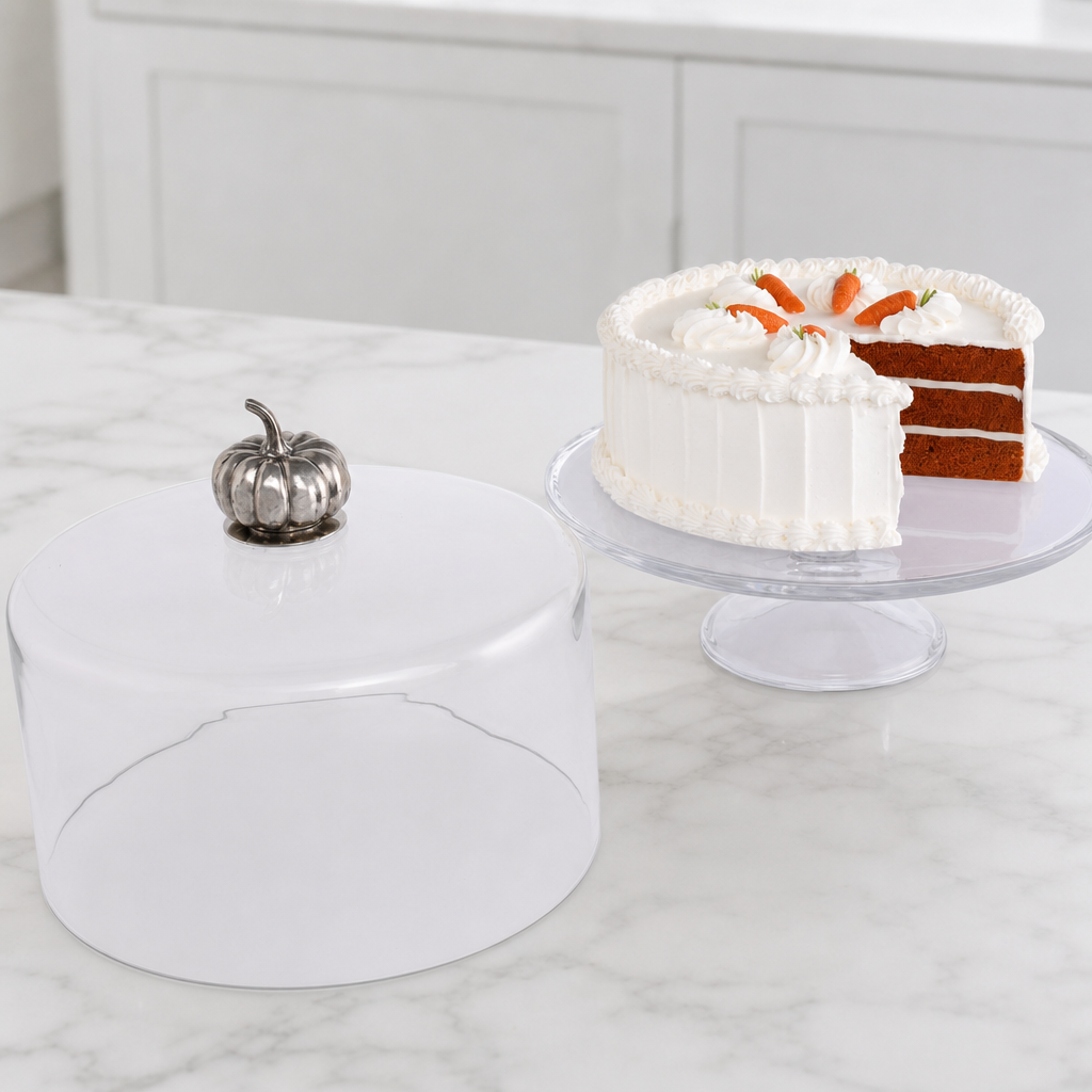 Short glass cake stand with dome and pewter pumpkin knob