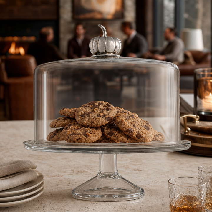 Glass dessert stand with dome and pumpkin knob for fall and Thanksgiving baking