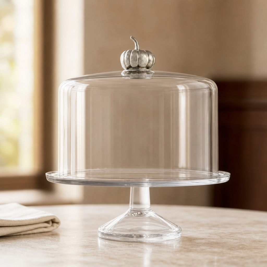 Glass cake dome and footed stand shown for a fall dessert table