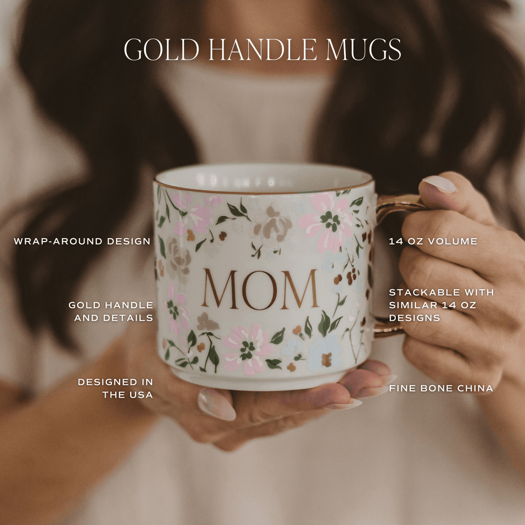 Bone china coffee mug feature graphic noting the gold handle and stackable design