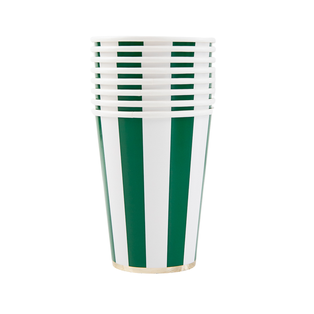 EMERALD GREEN CABANA STRIPE CUPS Bonjour Fete Cups Bonjour Fete - Party Supplies