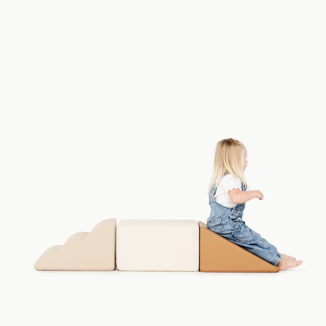 Gathre foam climber playset in wipeable vegan leather for indoor climbing.