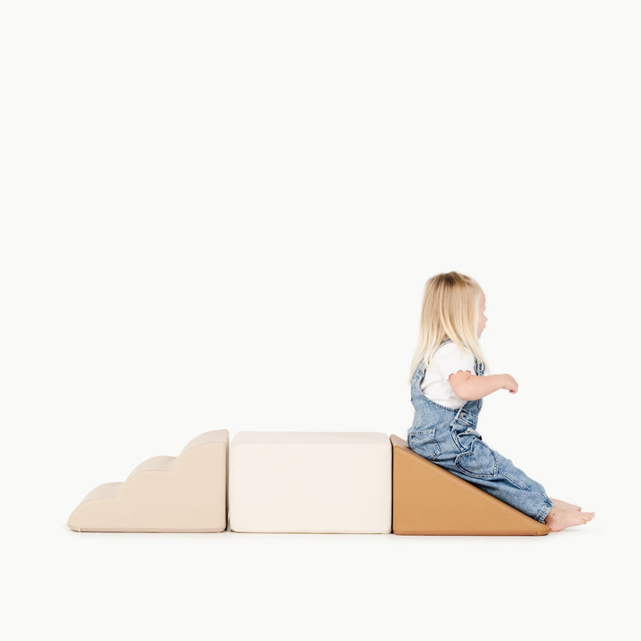 Gathre foam climber playset in wipeable vegan leather for indoor climbing.