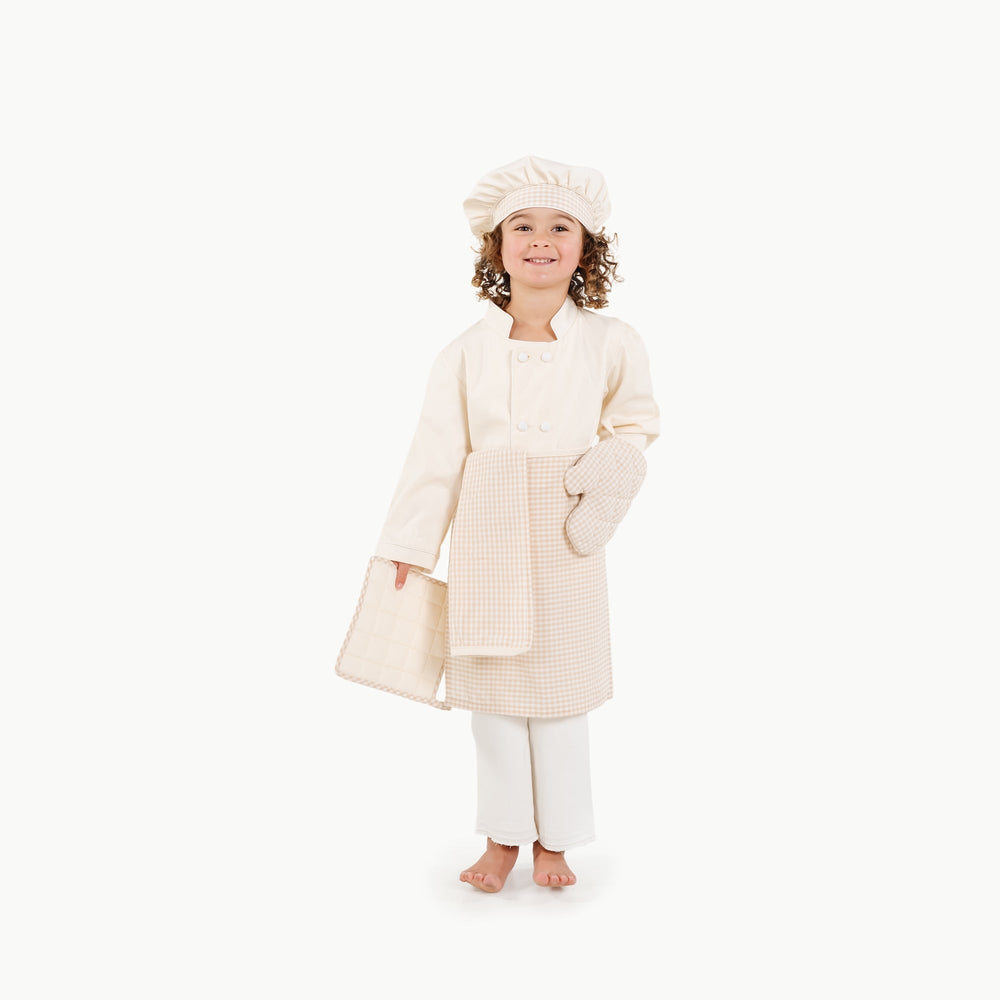 Play chef dress-up set in ivory for kids' pretend kitchen play.