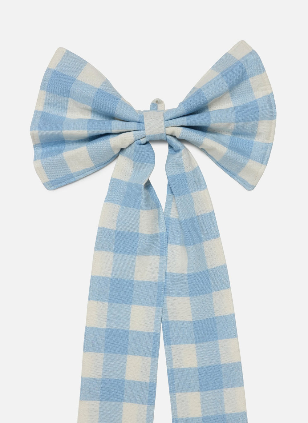 Baby blue and cream gingham fabric bow with long tails, 30 inches tall, on a white background