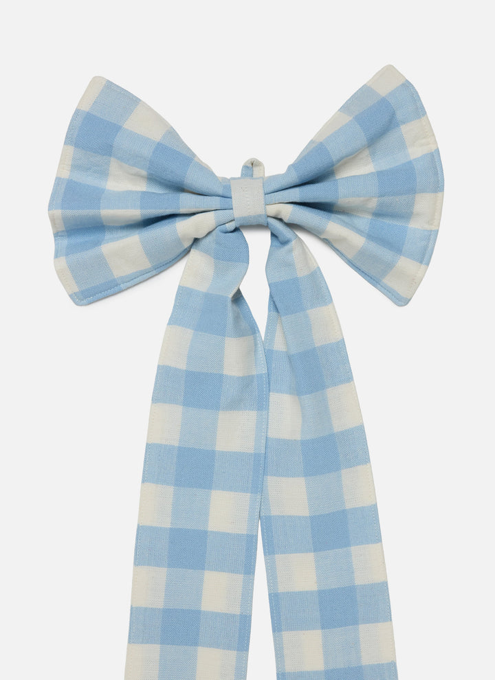 Baby blue and cream gingham fabric bow with long tails, 30 inches tall, on a white background