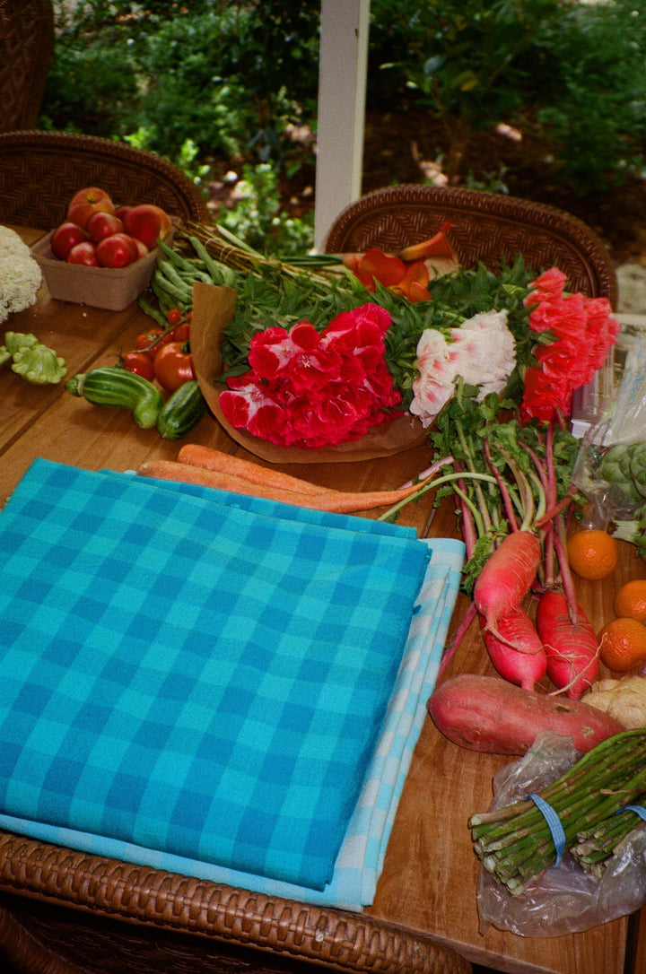 Turquoise gingham tablecloth on an outdoor table with coral placemats and geraniums