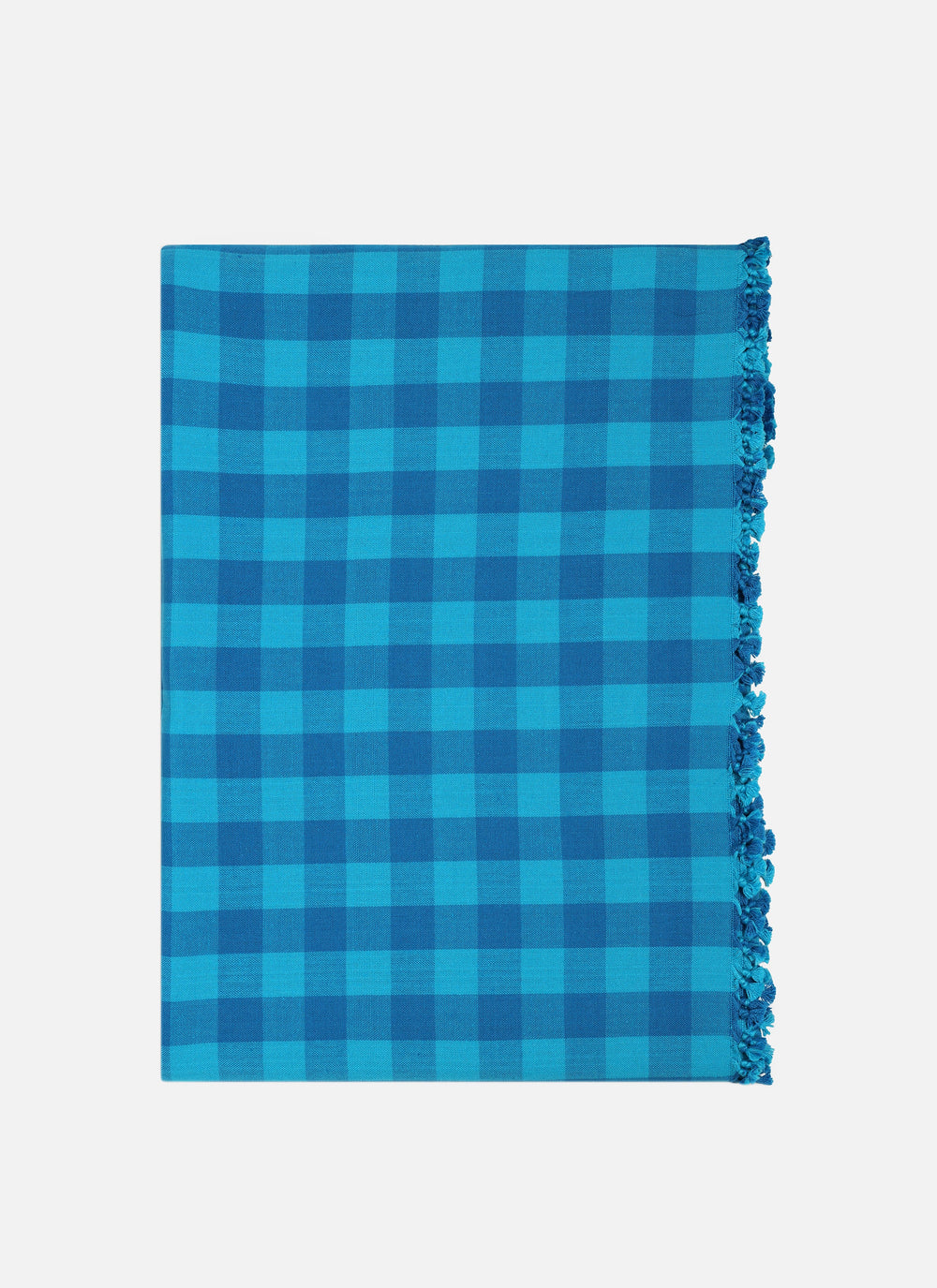 Gingham Zuma turquoise tablecloth folded to show the two-tone blue check