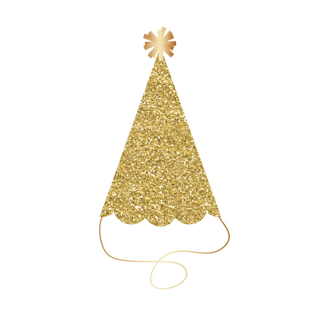 Gold glitter scalloped cone party hat for a birthday or New Year celebration