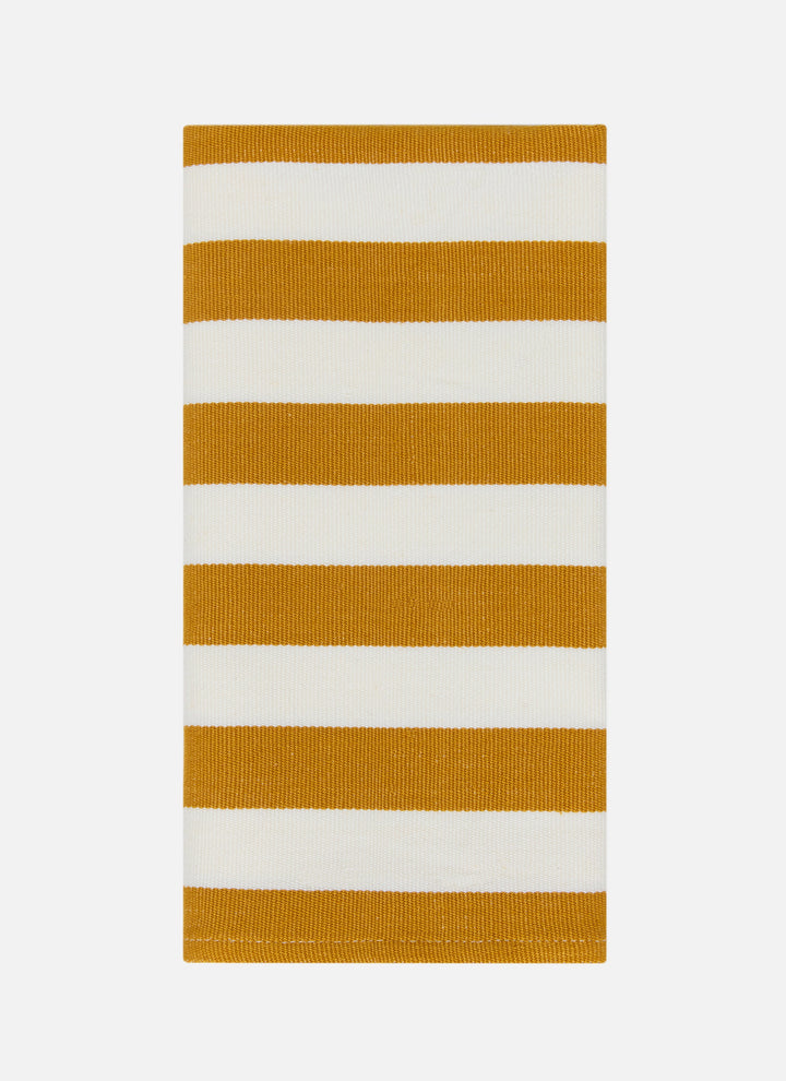 Goldenrod and cream stripe cloth napkin folded to show the broad handwoven cotton stripe