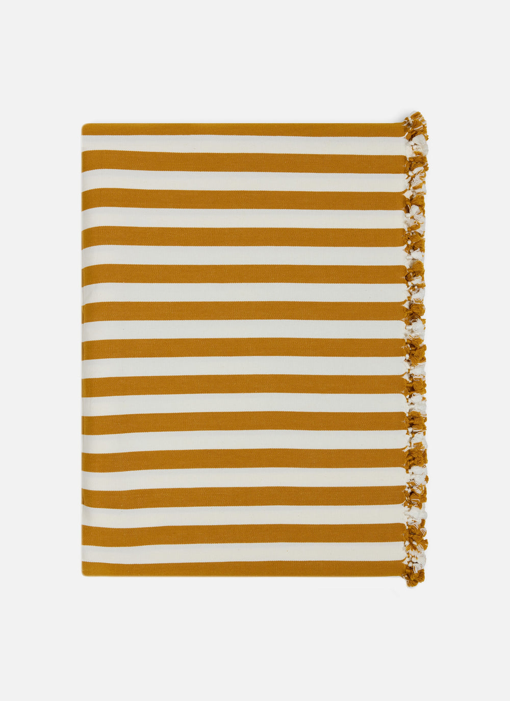 Goldenrod stripe tablecloth folded flat with tassels along the edge on a white background