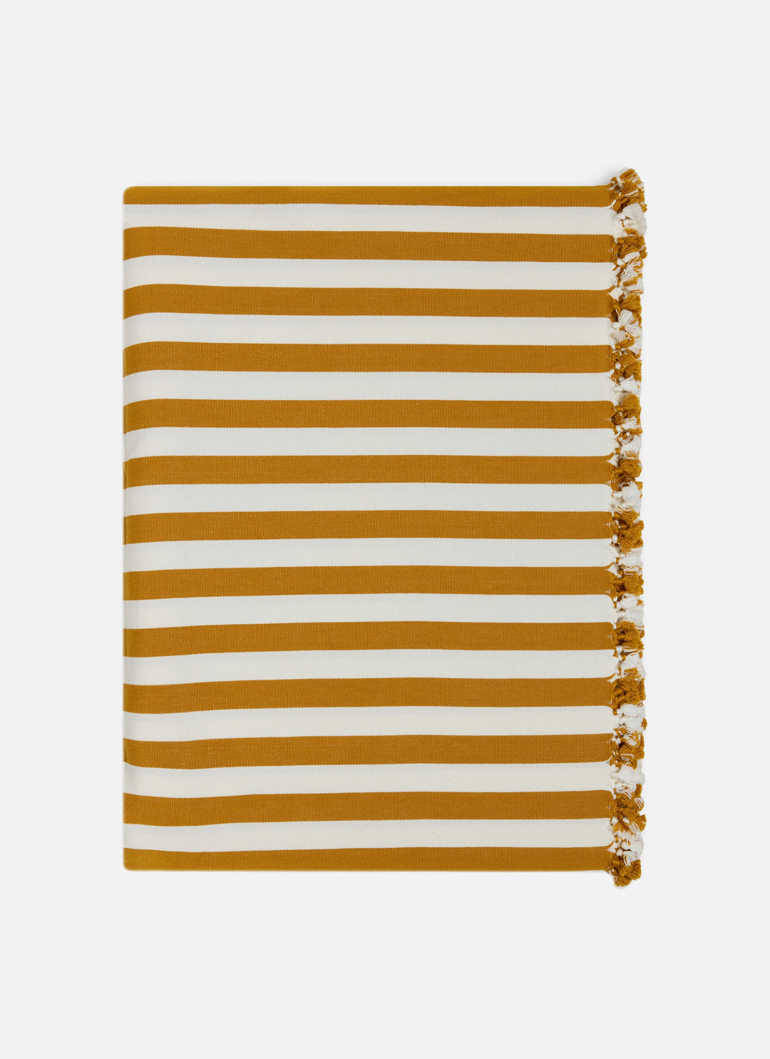 Goldenrod stripe tablecloth folded flat with tassels along the edge on a white background
