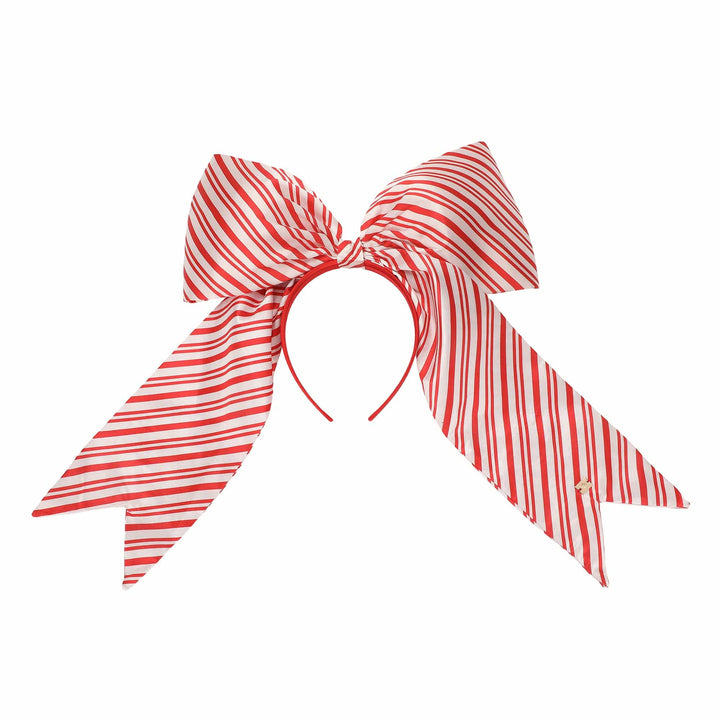 Front view of the jumbo red and white striped satin bow headband