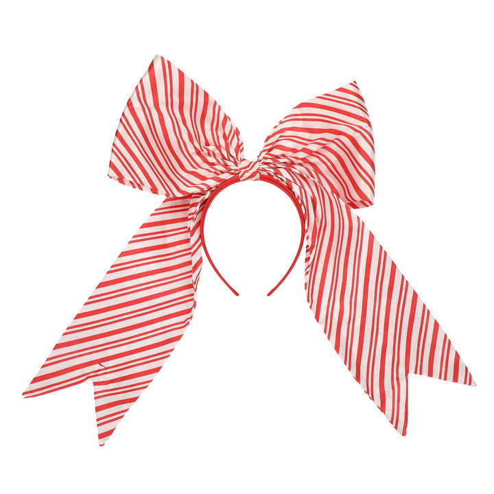 Jumbo red and white candy stripe satin bow headband on a white background