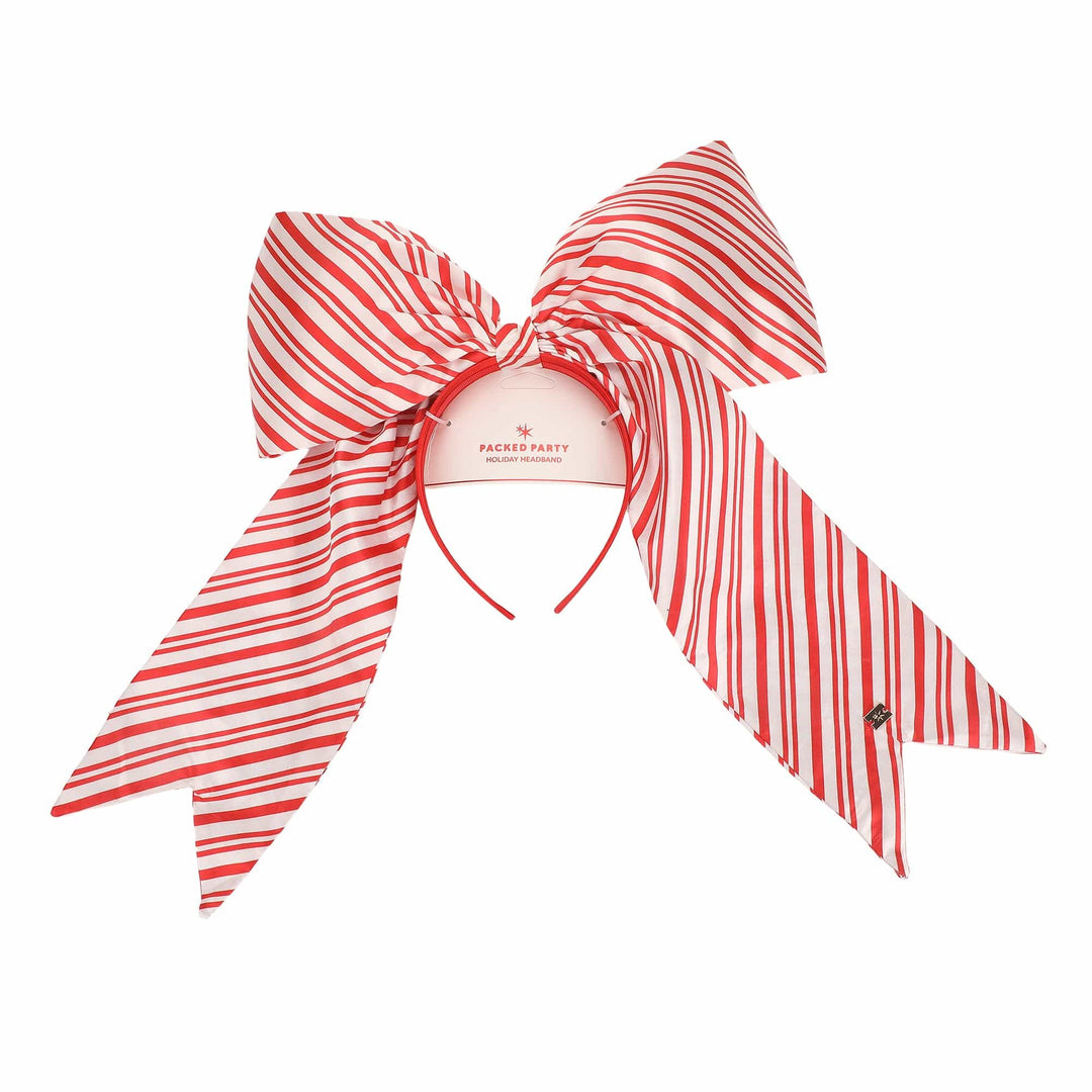 Back of the jumbo bow headband with the Packed Party label