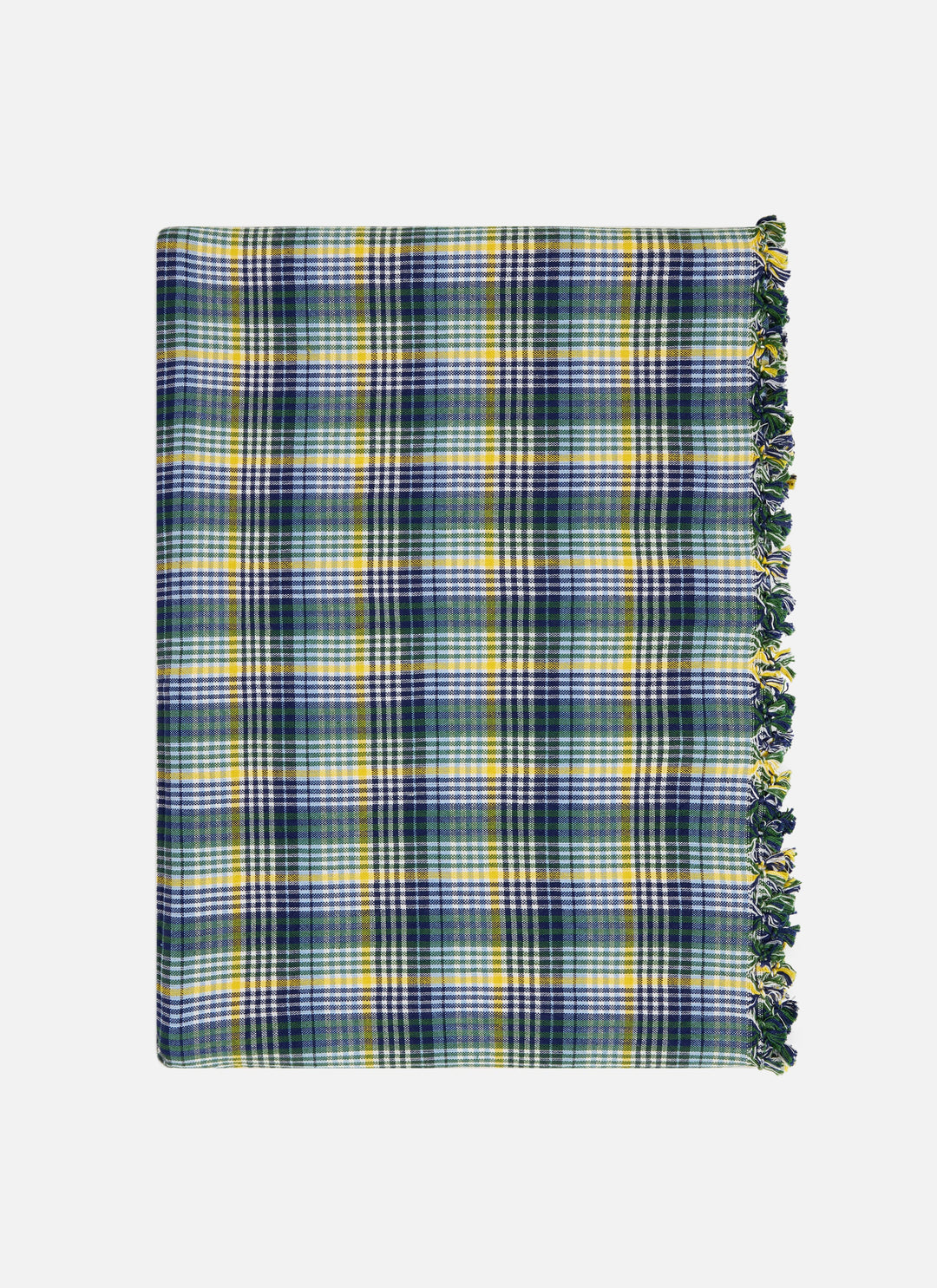 Maine plaid cotton tablecloth folded flat showing the navy, yellow, and green weave