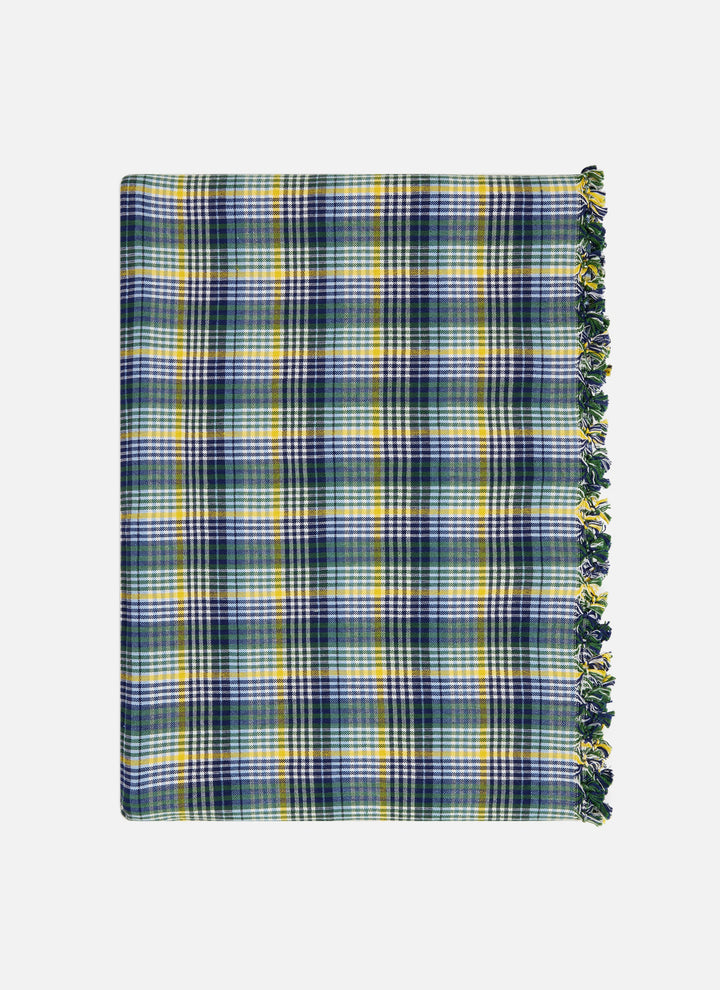 Maine plaid cotton tablecloth folded flat showing the navy, yellow, and green weave