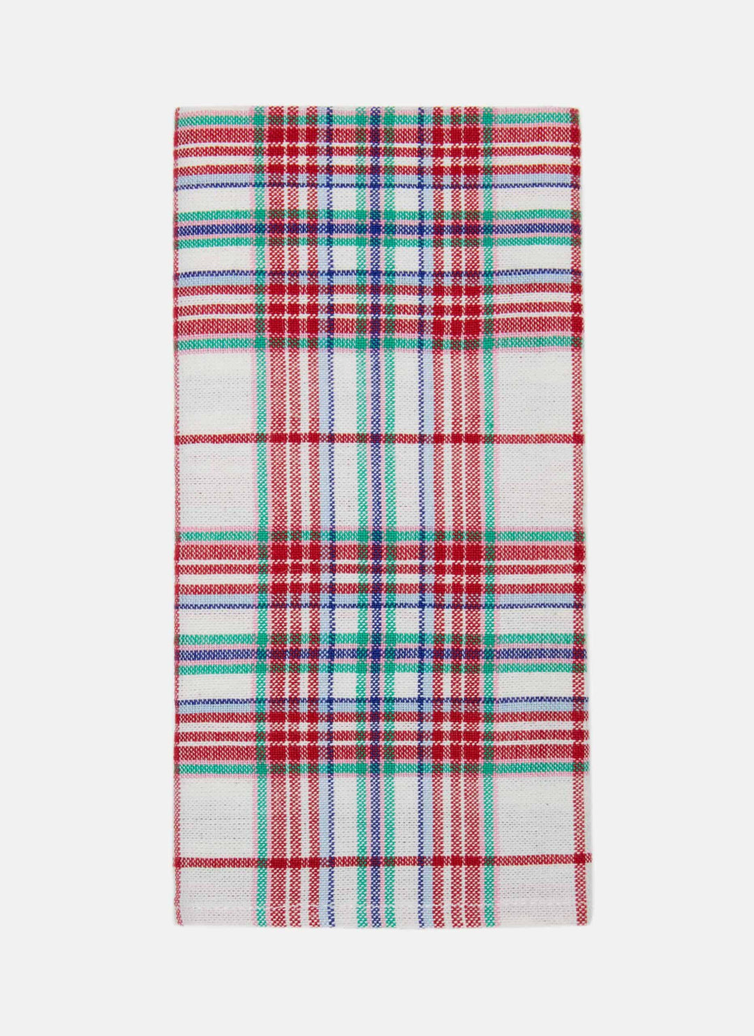 Clara plaid cloth napkin flat on white, red, green, and blue plaid on a cream cotton weave