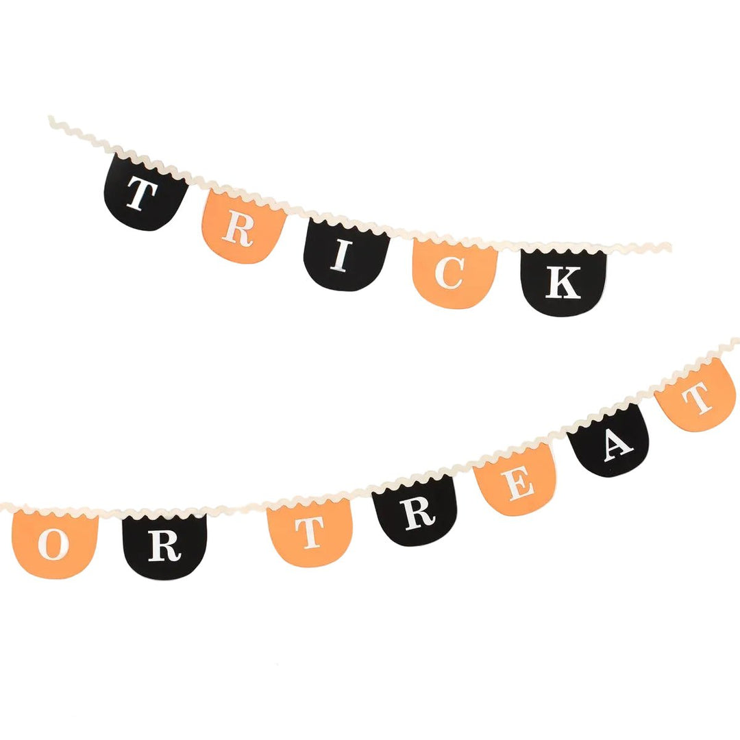 Reusable Halloween banner garland spelling 'TRICK OR TREAT' in black and orange pennant shapes with white letters, shown on a light gray background with a 'REUSABLE' badge.