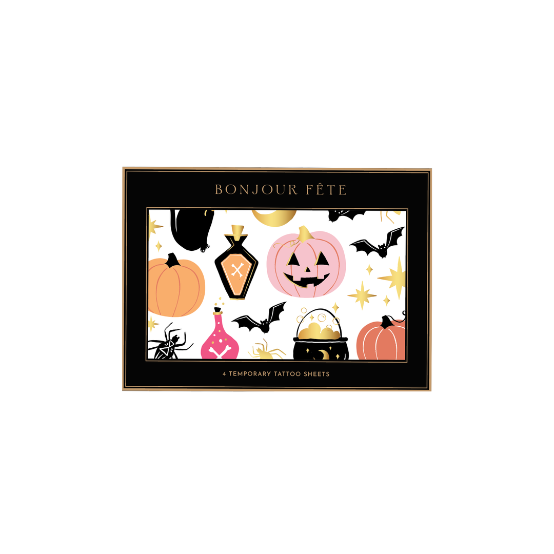 Halloween temporary tattoos with orange and pink jack-o-lanterns, black bats, spiders, potion bottles, and gold stars