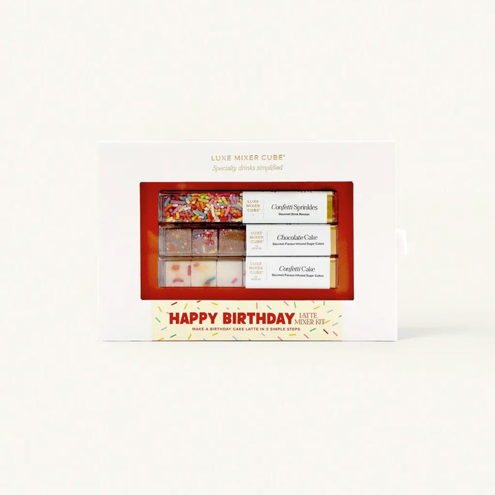 White birthday cake latte mixer cubes box in chocolate cake, confetti cake, and confetti sprinkles