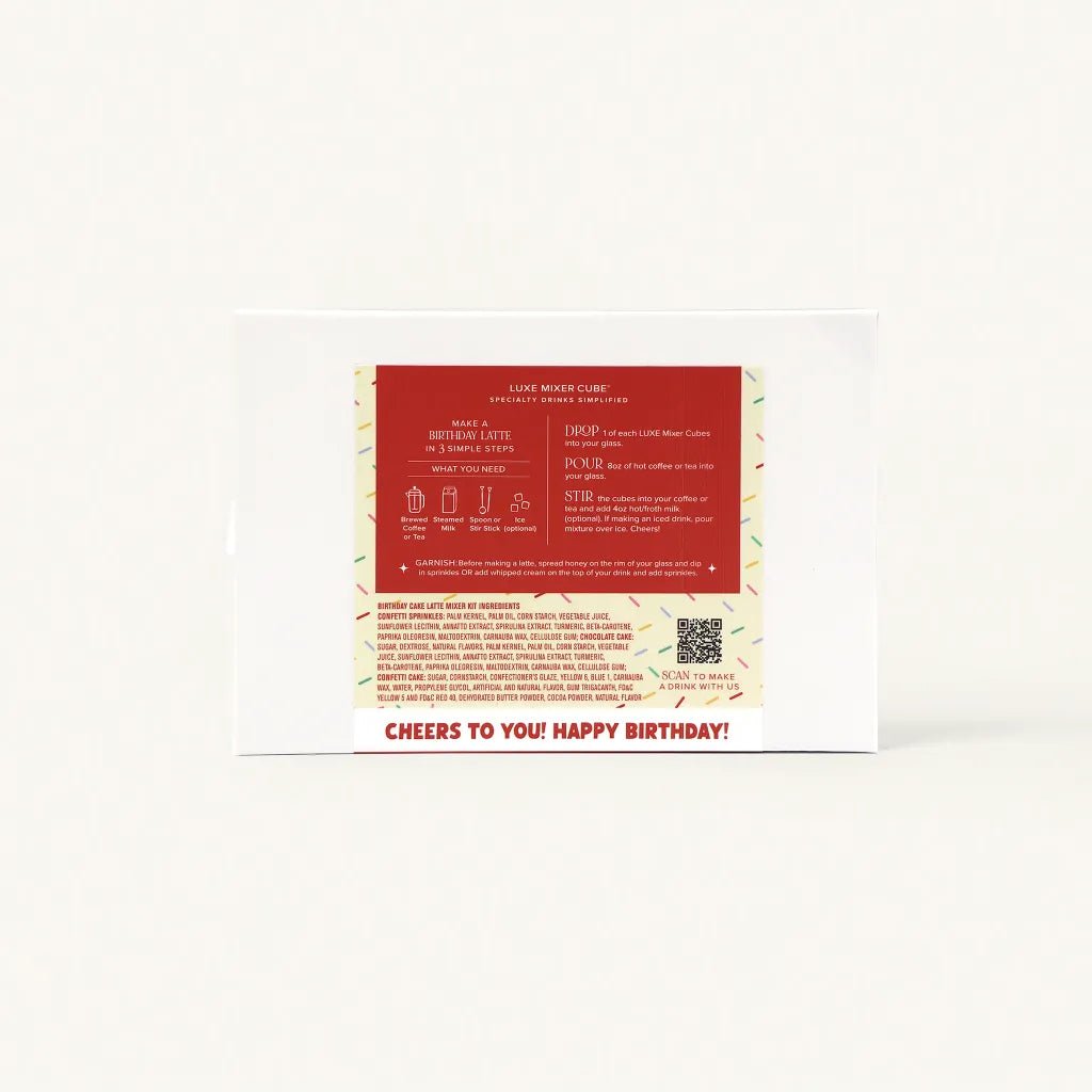 Back of the birthday cake latte mixer cubes box with flavors and directions