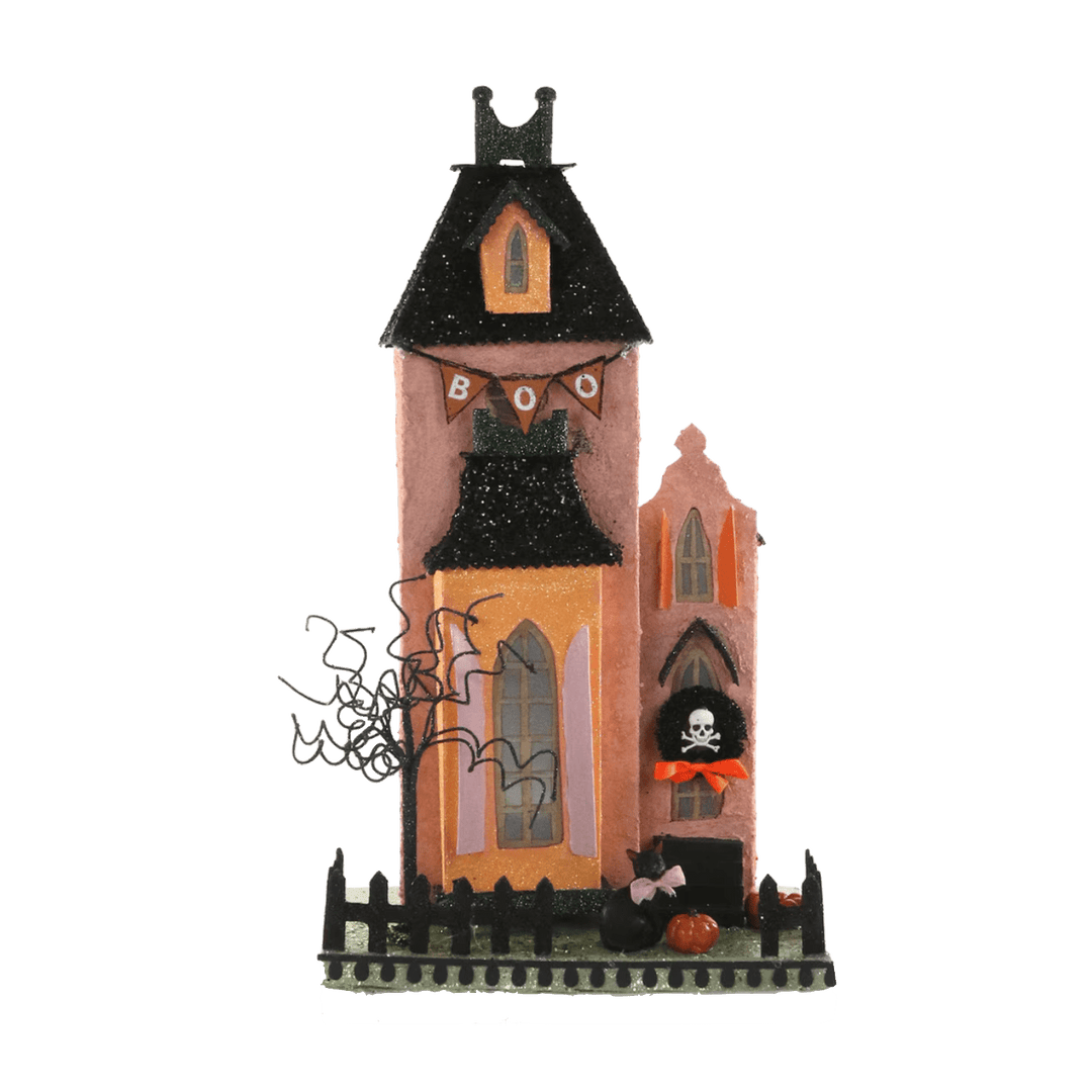 Haunted Mansion by Cody Foster, a pink, orange, and black glitter Halloween village house decoration