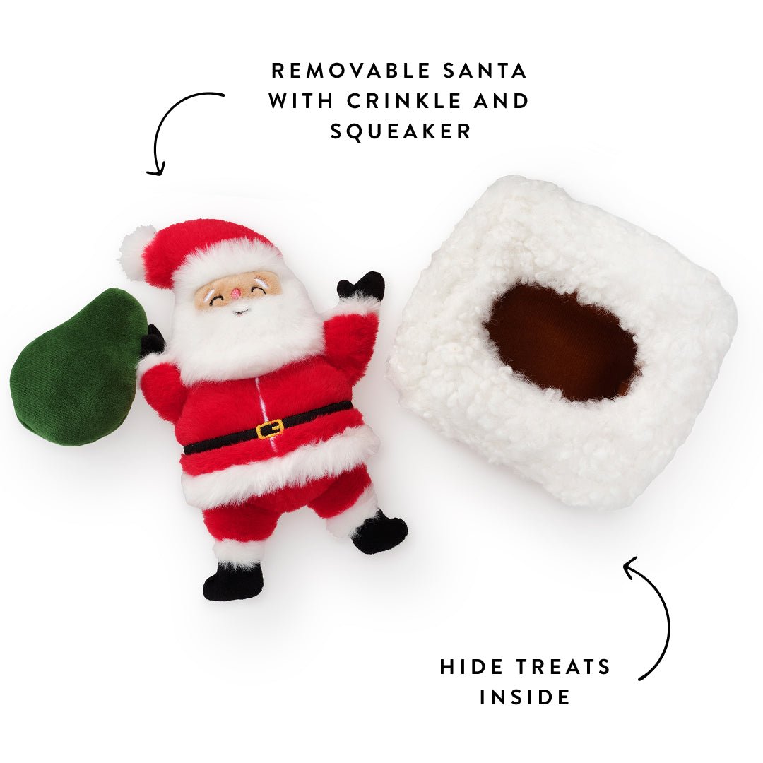 Santa lifted from the chimney toy, labeled for crinkle, squeaker, and hidden treats