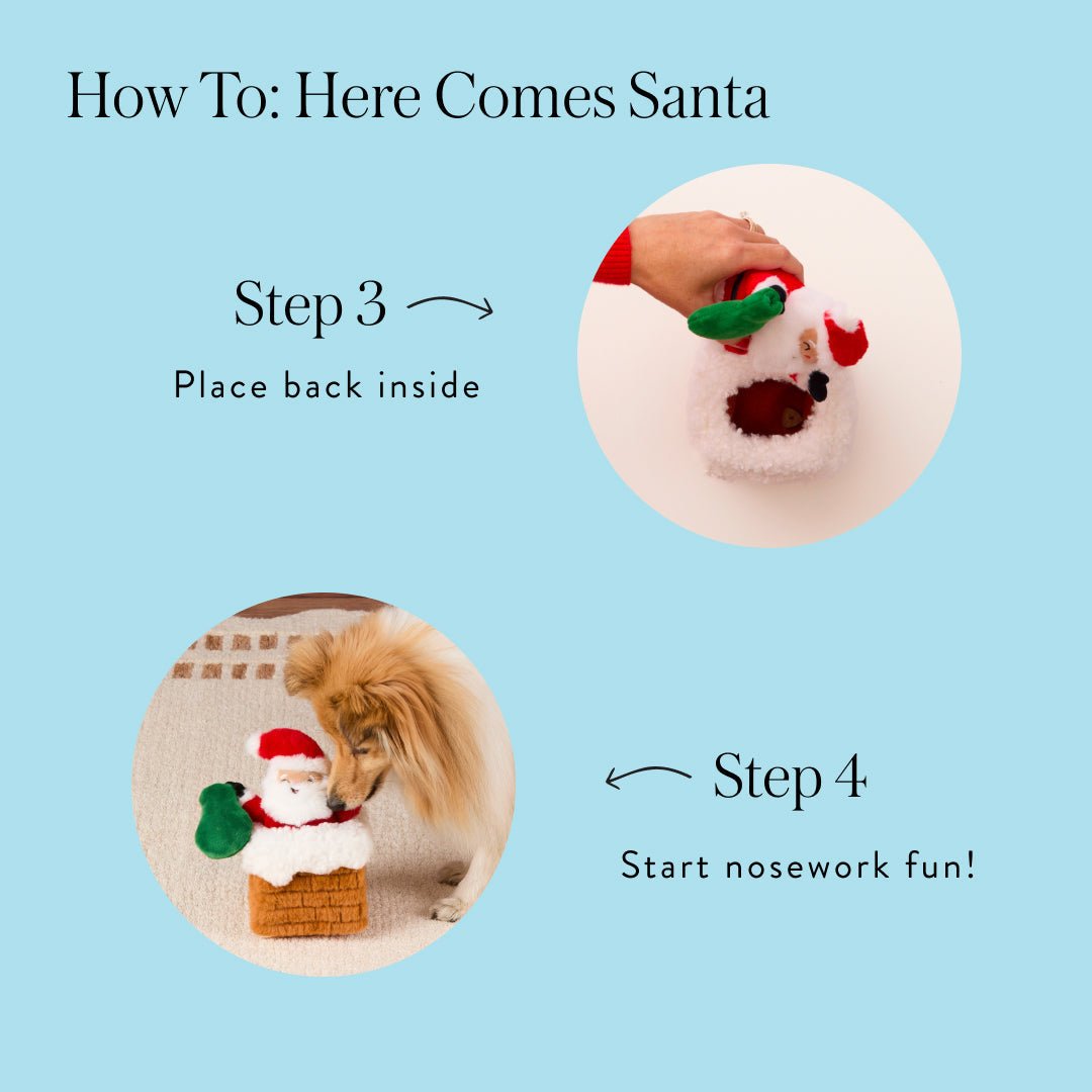 Santa snuffle toy instructions showing Santa replaced in the chimney and a dog sniffing for treats.