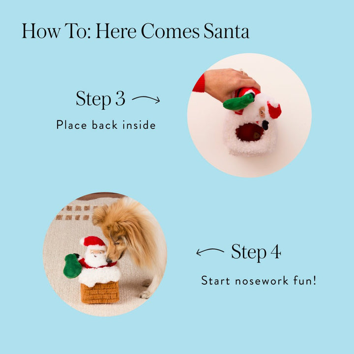 Santa snuffle toy instructions showing Santa replaced in the chimney and a dog sniffing for treats.