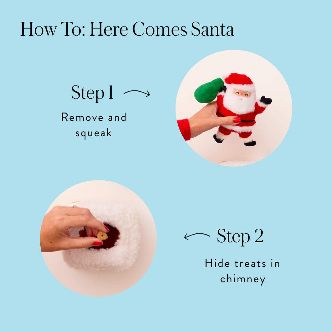 Santa toy how-to: remove and squeak, then hide treats in the chimney