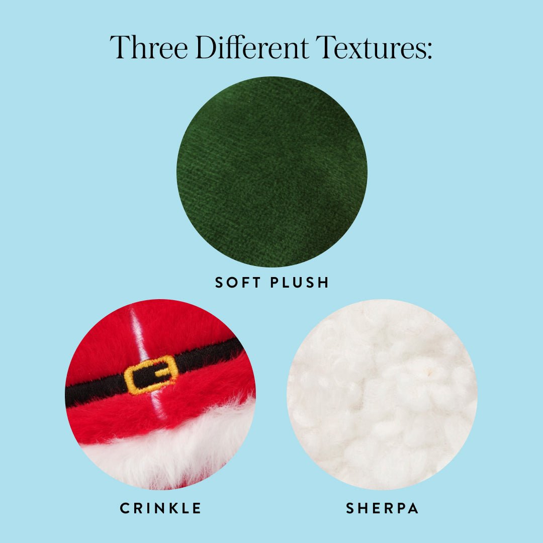 Santa toy texture close-ups: green plush, crinkle suit, and sherpa snow