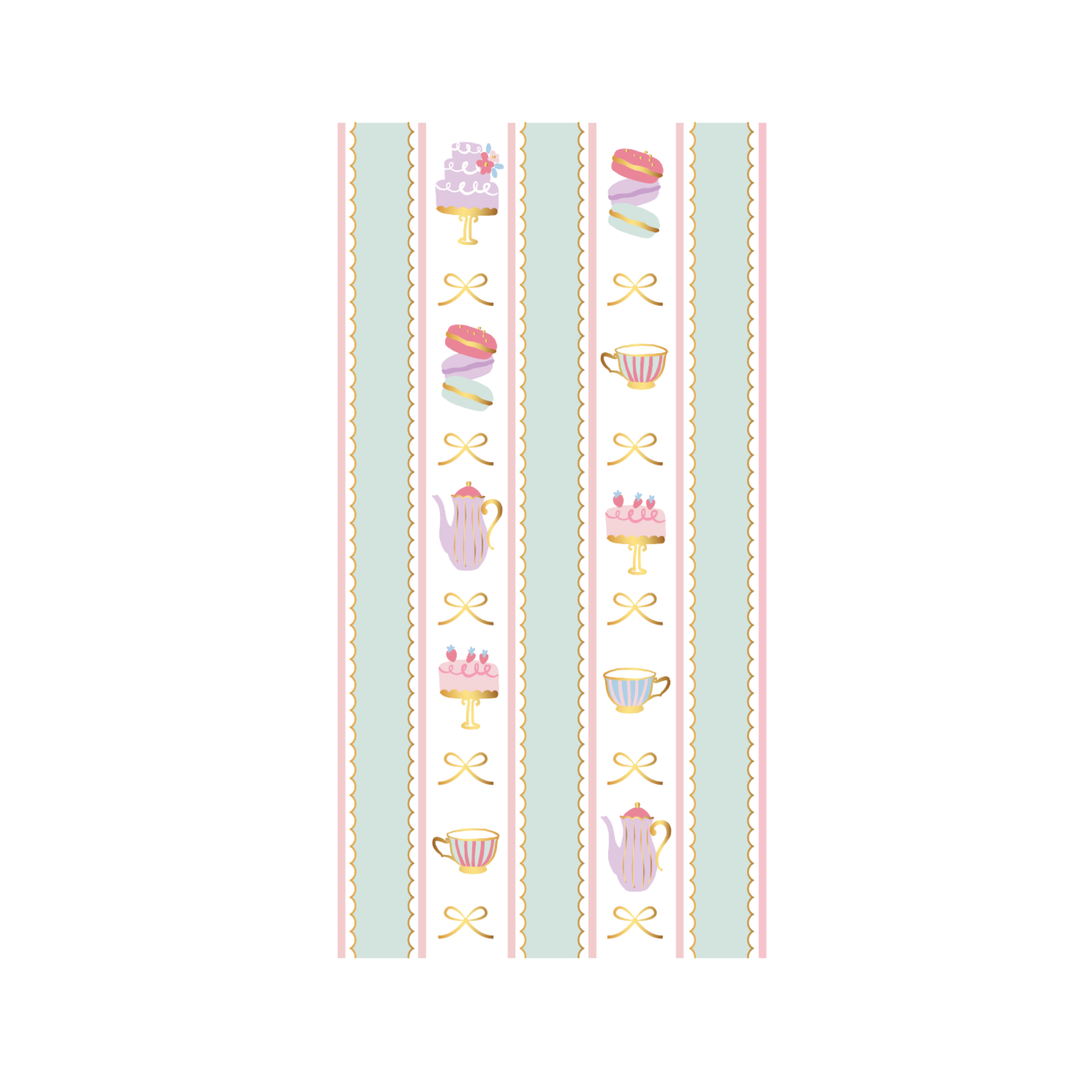 High tea patisserie guest towels with pastel stripes and illustrations of teacups, cakes, and macarons for a tea party