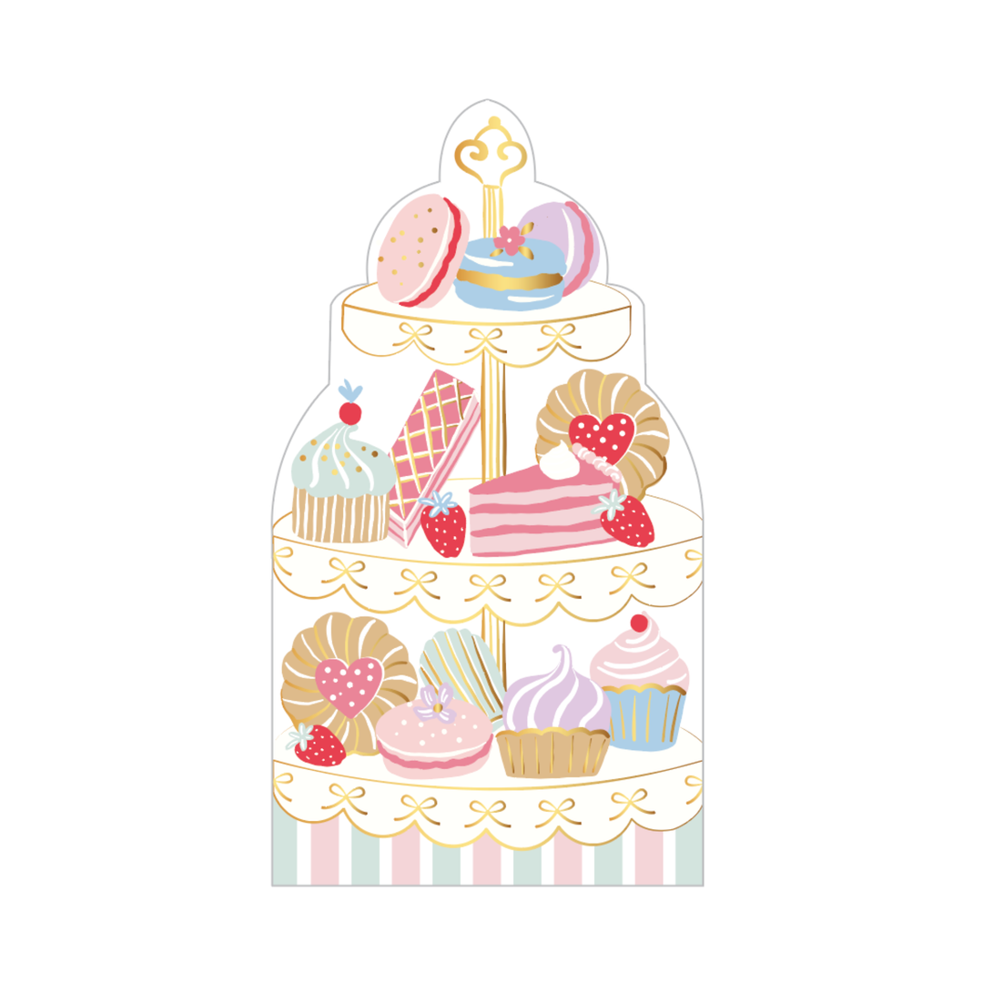 High tea patisserie large napkins shaped like a tiered dessert stand with macarons, cakes, and cupcakes in pastel and gold for a tea party