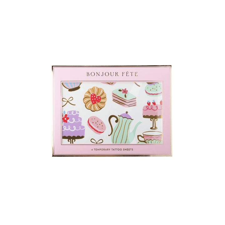 Package of decorative tattoos featuring a pastel tea-and-cake motif, including cupcakes, macarons, cakes, teapots, bows, and coffee cups on a white background.