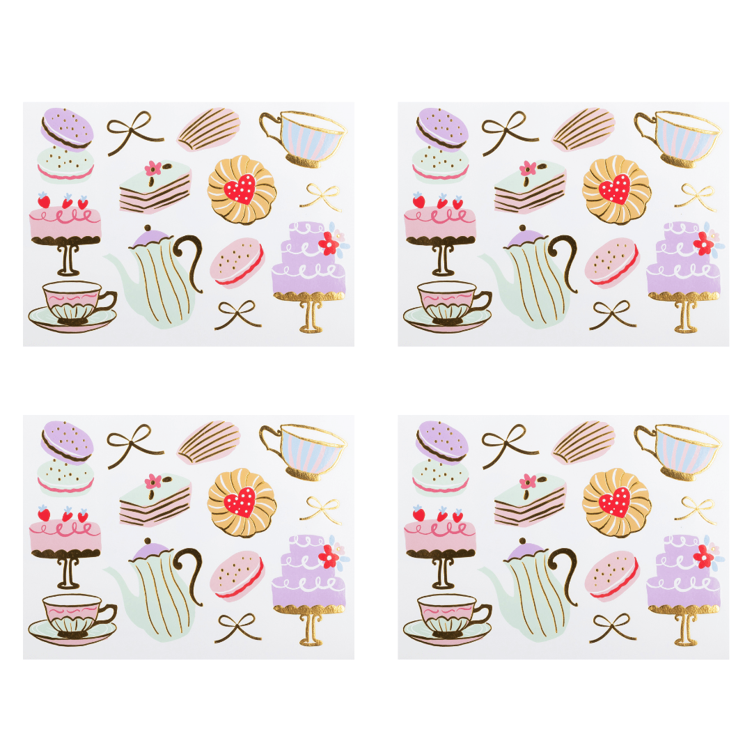 Four identical sheets of decorative tattoos featuring a pastel tea-and-cake motif, including cupcakes, macarons, cakes, teapots, bows, and coffee cups on a white background.