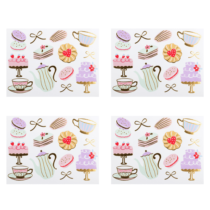 Four identical sheets of decorative tattoos featuring a pastel tea-and-cake motif, including cupcakes, macarons, cakes, teapots, bows, and coffee cups on a white background.