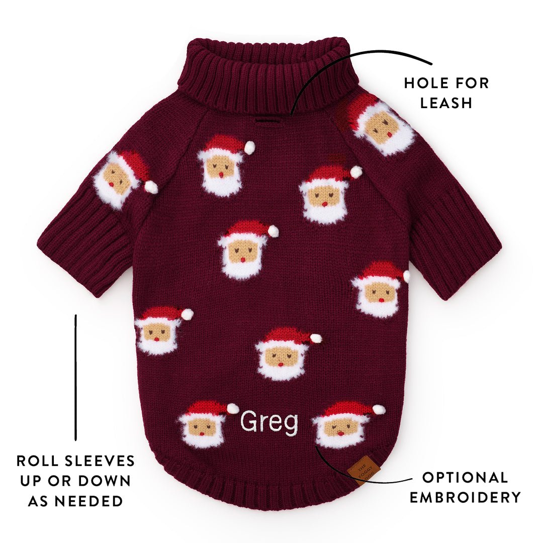 Santa sweater detail graphic showing the leash opening, rollable sleeves, and optional name embroidery.