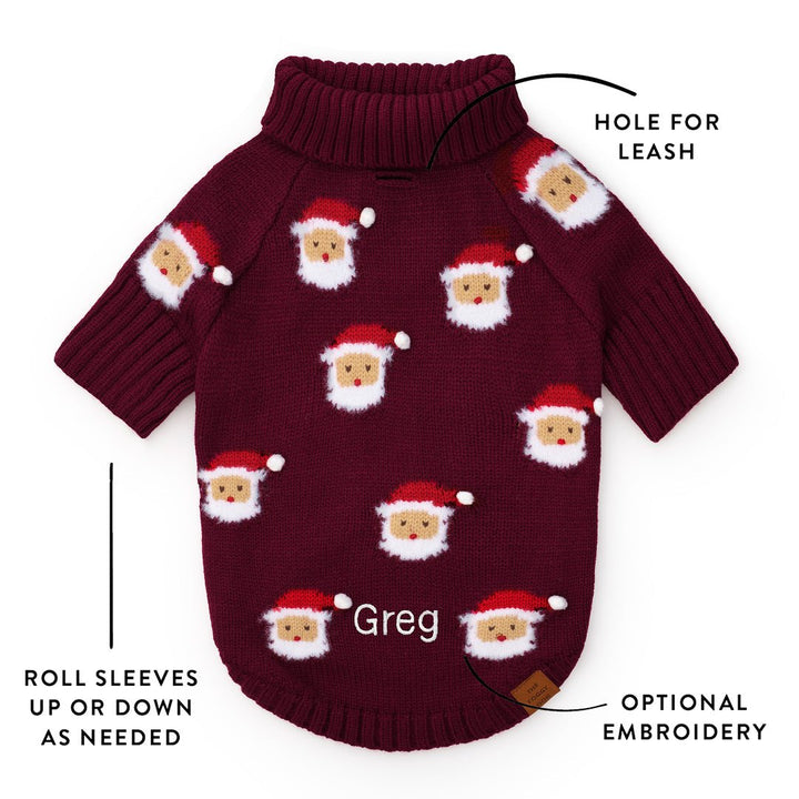 Santa sweater detail graphic showing the leash opening, rollable sleeves, and optional name embroidery.
