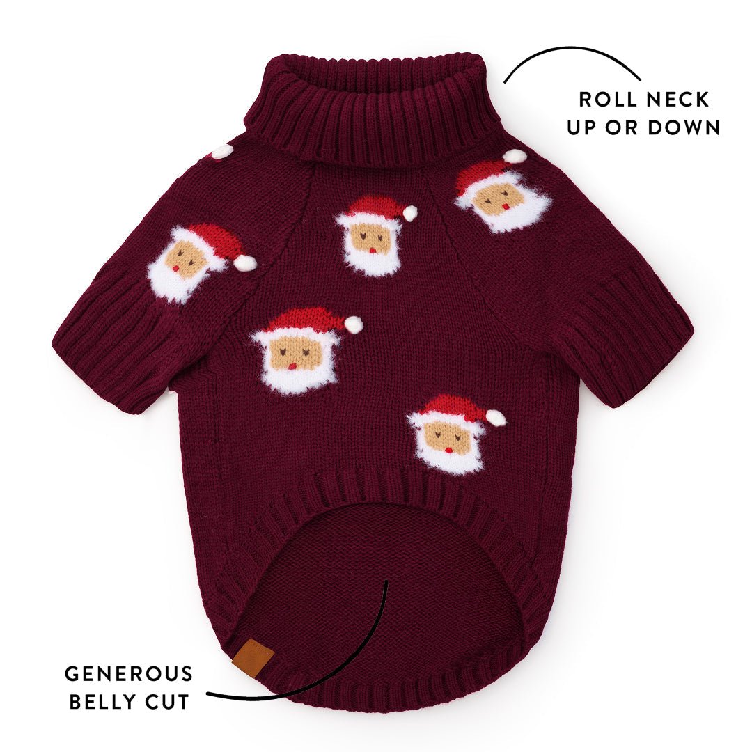 Santa sweater fit graphic showing the rollable turtleneck and curved belly cutout.