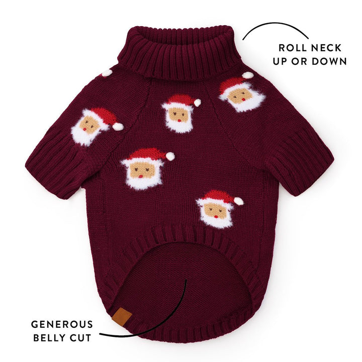 Santa sweater fit graphic showing the rollable turtleneck and curved belly cutout.